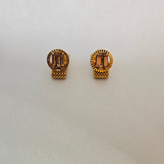 Pair Of Gold Tone Mesh Cufflinks With Brown Rhinestone Vintage