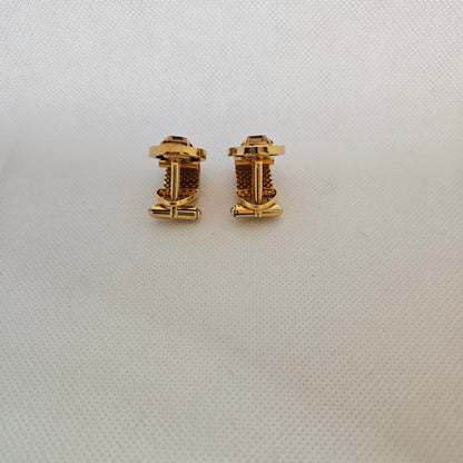 Pair Of Gold Tone Mesh Cufflinks With Brown Rhinestone Vintage