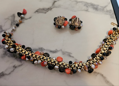 Vintage Beaded Choker Necklace With Clip On Earrings Orange And Black Beads