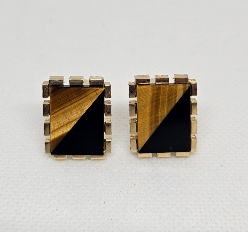 Tiger Eye With Onyx Cufflinks Gold tone Vintage