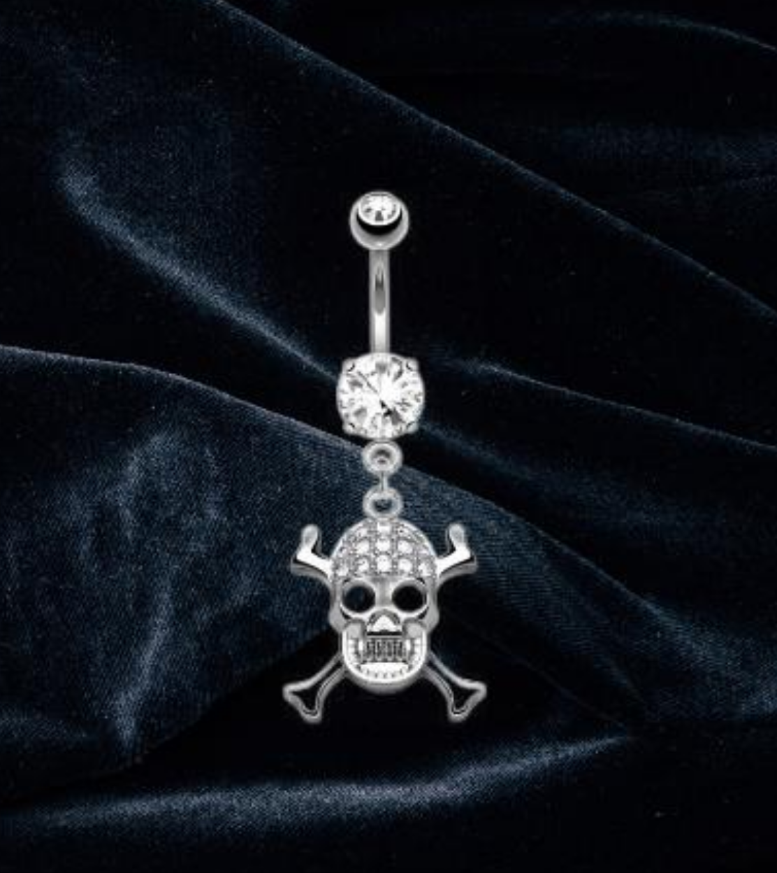 CZ paved skull with cross bones belly button ring