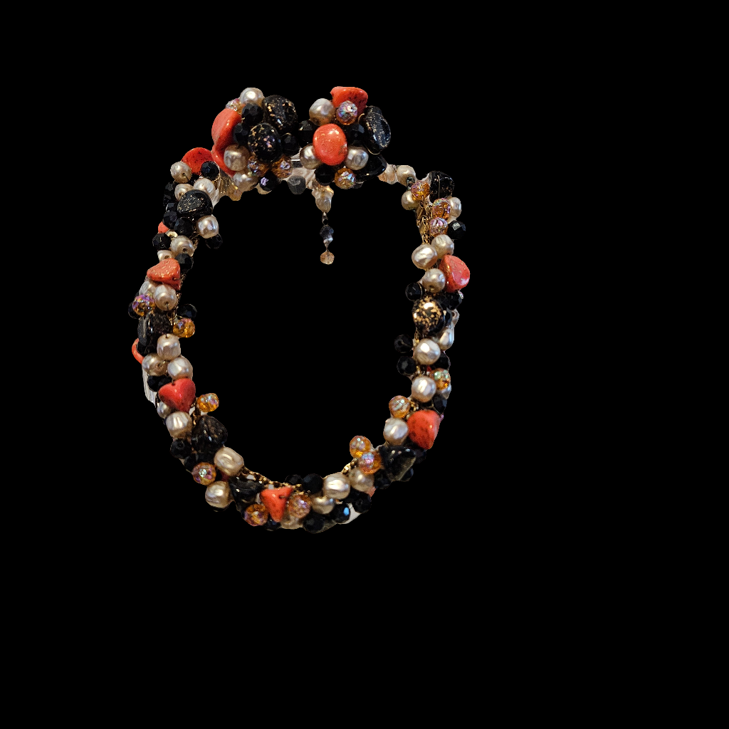 Vintage Beaded Choker Necklace With Clip On Earrings Orange And Black Beads