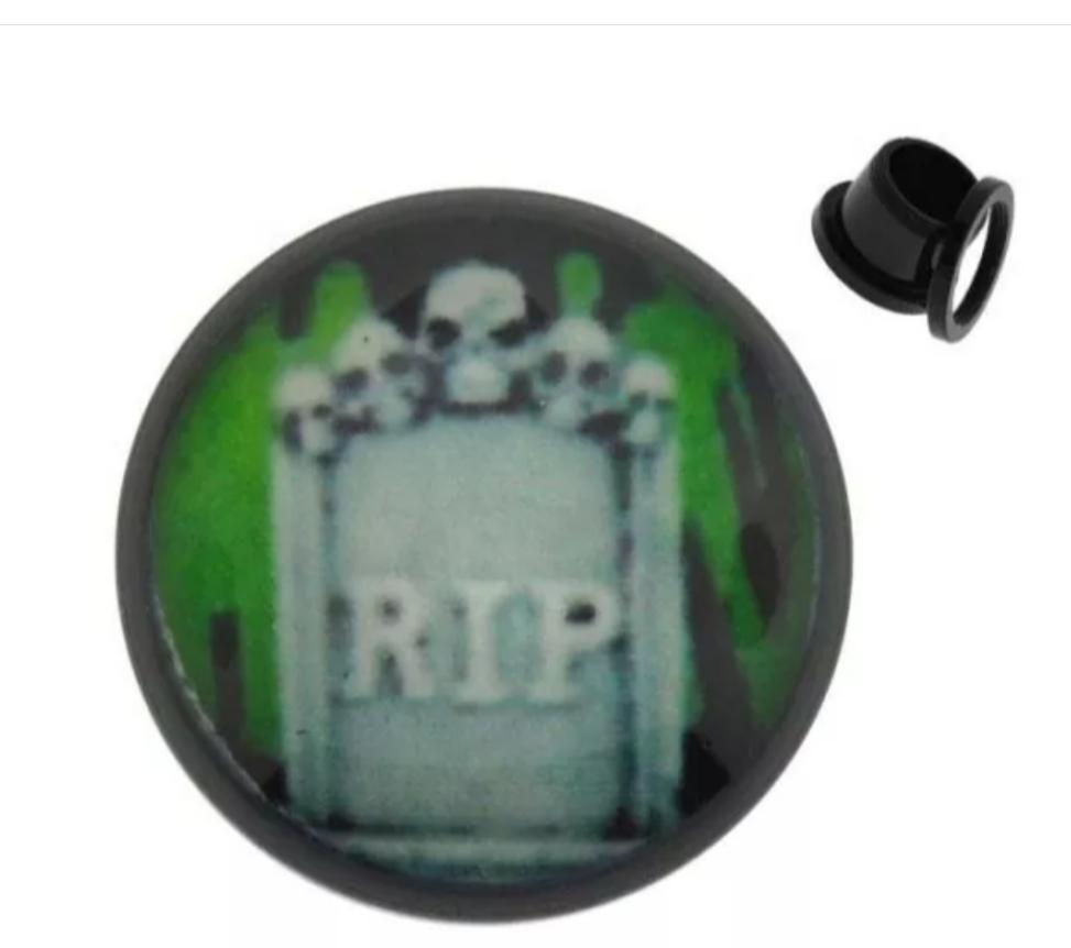 2GA-6mm Screw Fit Black Acrylic Plugs with Tombstone and Skull Front sold as pair