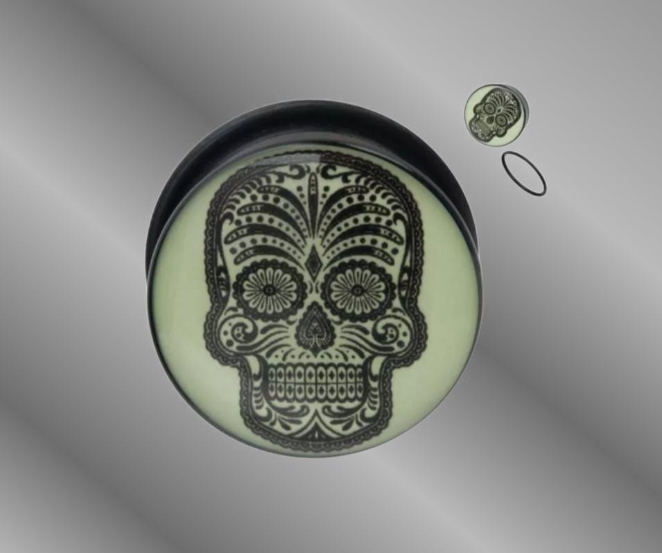 2GA-6mm Single Flared Black Acrylic Plug 2ith Glow in the Dark Sugar Skull Logo Front Sold as pair