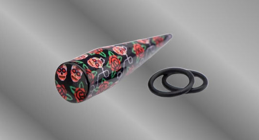 0GA-8MM Skull and ROSE Printed Acrylic Taper Sold As Pair With O Rings