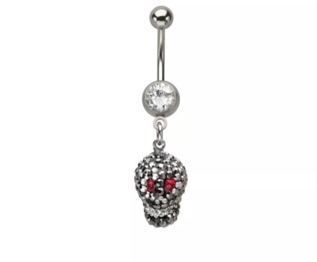 Skull with gem dangle Navel/Belly Ring 14GA-1.6MM length 7/16" Surgical Steel