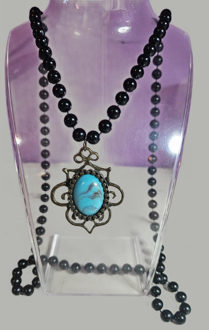 Stunning 19" Necklace Black Beaded with faux Turquoise Pendant