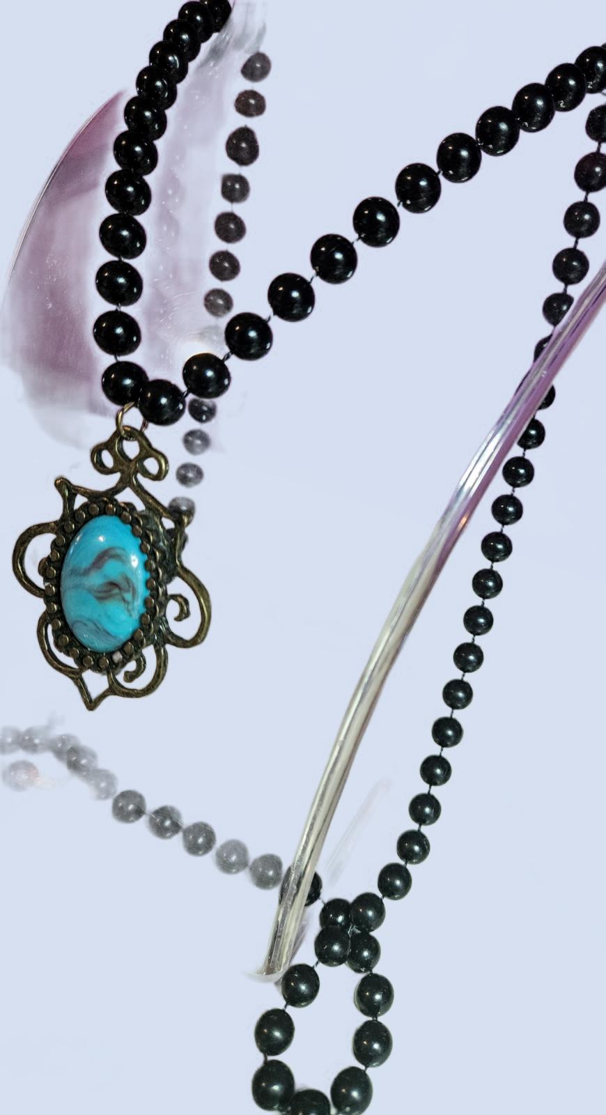 Stunning 19" Necklace Black Beaded with faux Turquoise Pendant