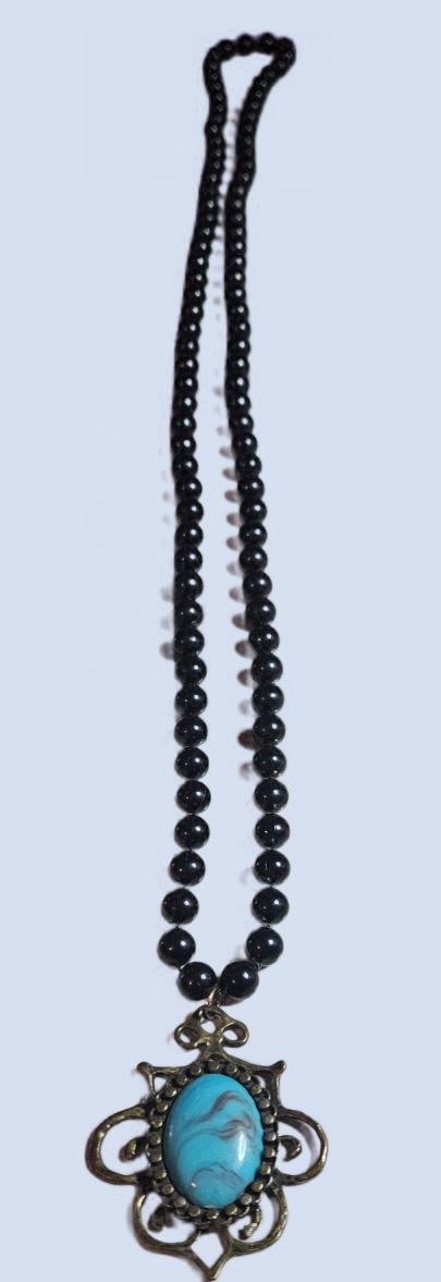 Stunning 19" Necklace Black Beaded with faux Turquoise Pendant