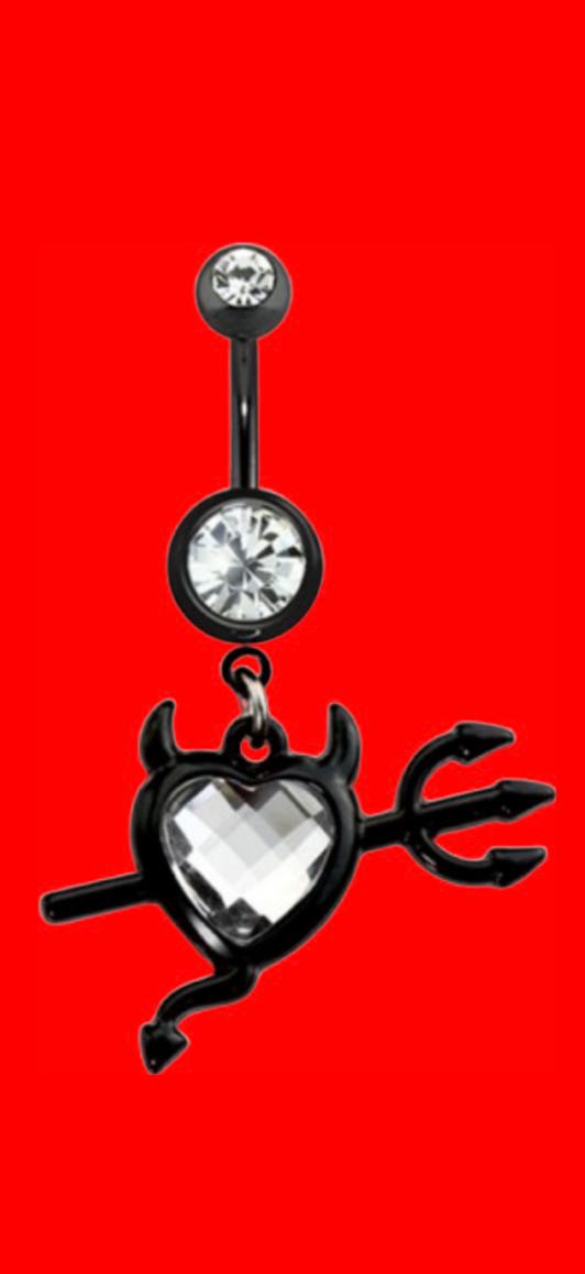 Black IP Gem Heart Devil Dangle 316L Surgical Steel Navel Ring