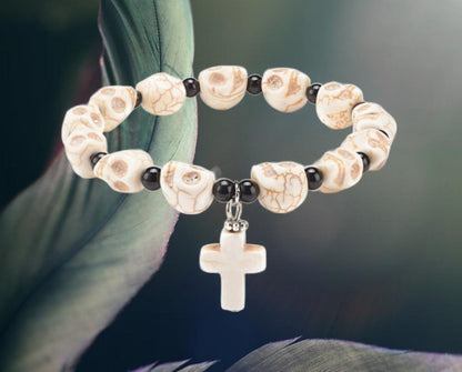 Mashan Jade Skull Beaded Stretch Bracelet with cross charm