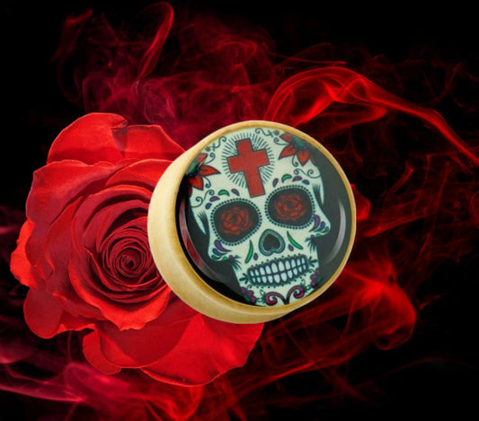 Sugar Skull Red Cross Print Organic Wood Saddle Plug Sold as pair