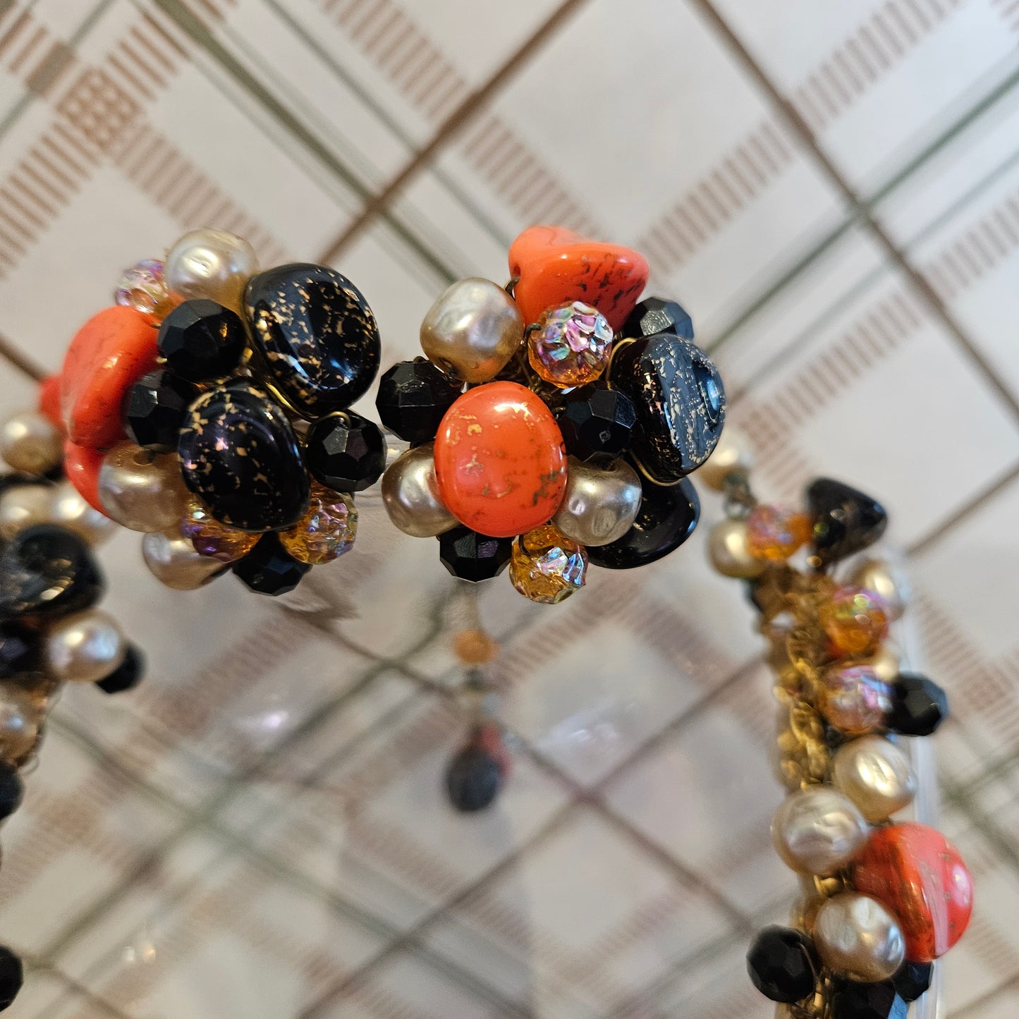 Vintage Beaded Choker Necklace With Clip On Earrings Orange And Black Beads