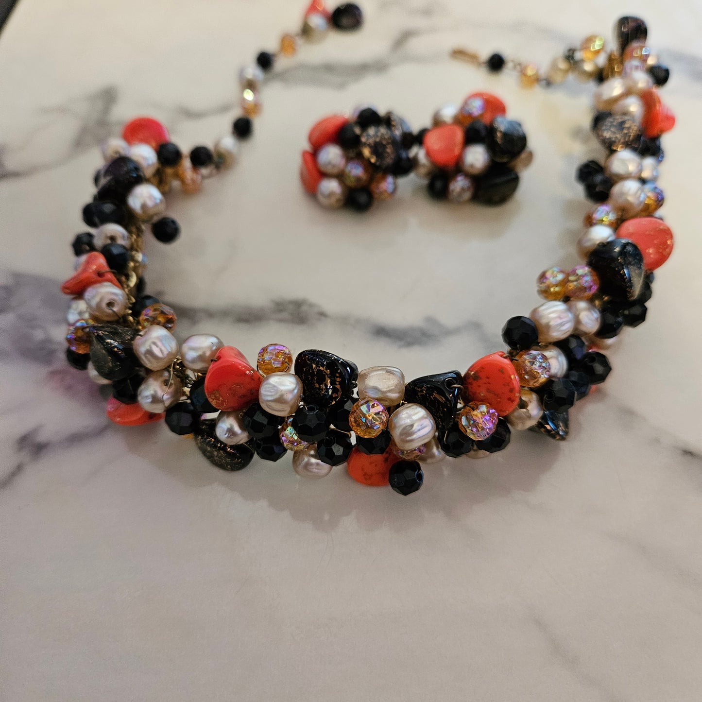 Vintage Beaded Choker Necklace With Clip On Earrings Orange And Black Beads